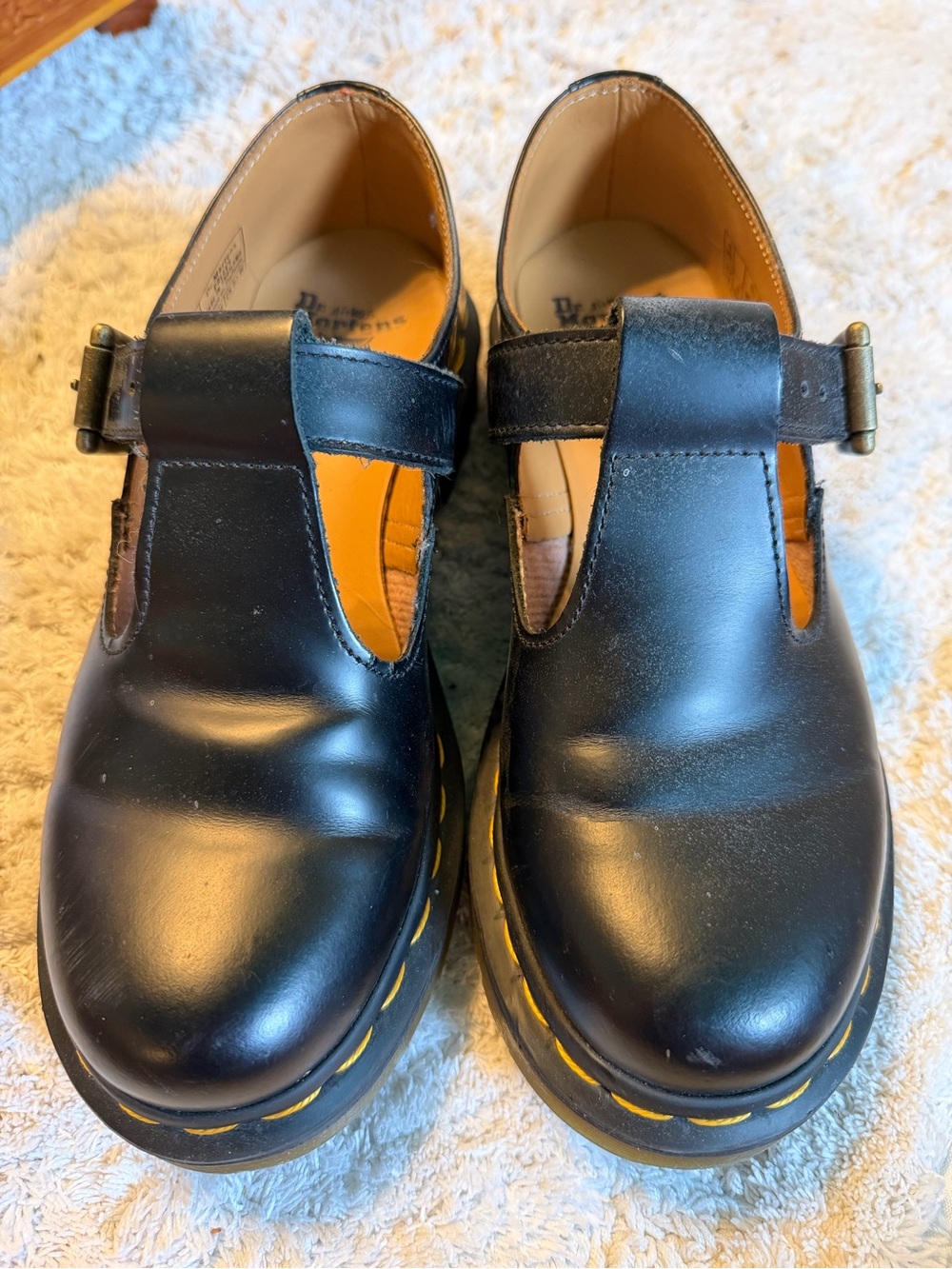 Dr. Martens Black Leather T-Bar Shoes with Yellow Stitching UK 37 barely used